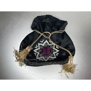 Vintage Antique Chinese Asian Black Silk Tassels Small Drawstring Handbag Bag